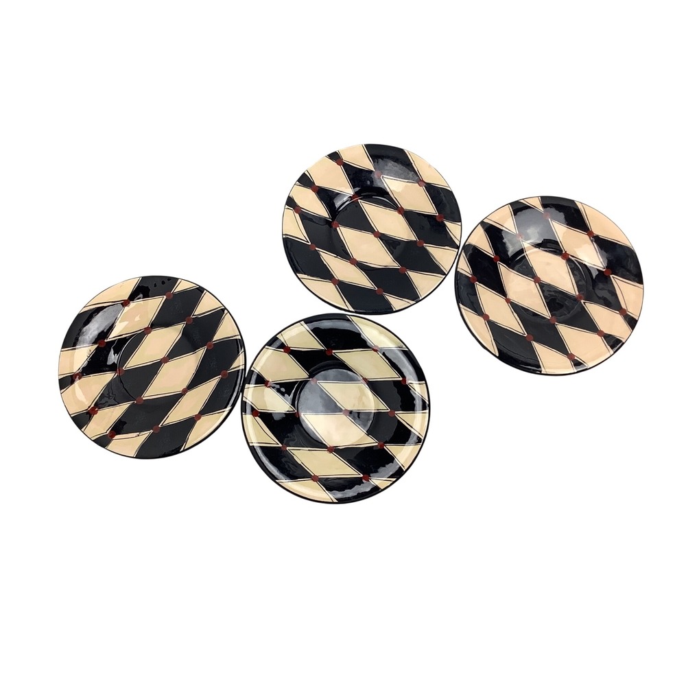 Lori Siebert Silvestri Harlequin Diamond Saucer Plates Set of 4 Black Cream Red